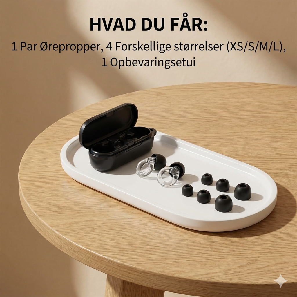 Sovero støjreducerende ørepropper, opbevaringsetui og fire størrelser dutter.